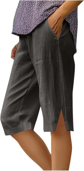 Womens Capri Pants 2025 Knee Length Cotton Linen Capris Summer Straight Leg Loose Beach Bermuda Shorts with Pockets