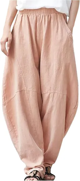 Womens Casual Linen Baggy Pants Elastic Waist Relax Fit Cotton Hippie Gypsy Harem Pant Drop Crotch Yoga Aladdin Pants