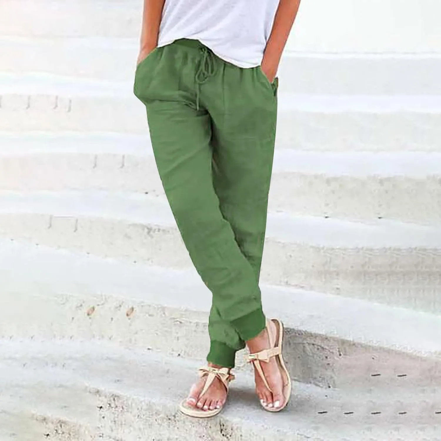 Womens Cotton Linen Pants Summer Drawstring Elastic Waist Pant Casual Linen Tapered Pants with Pockets