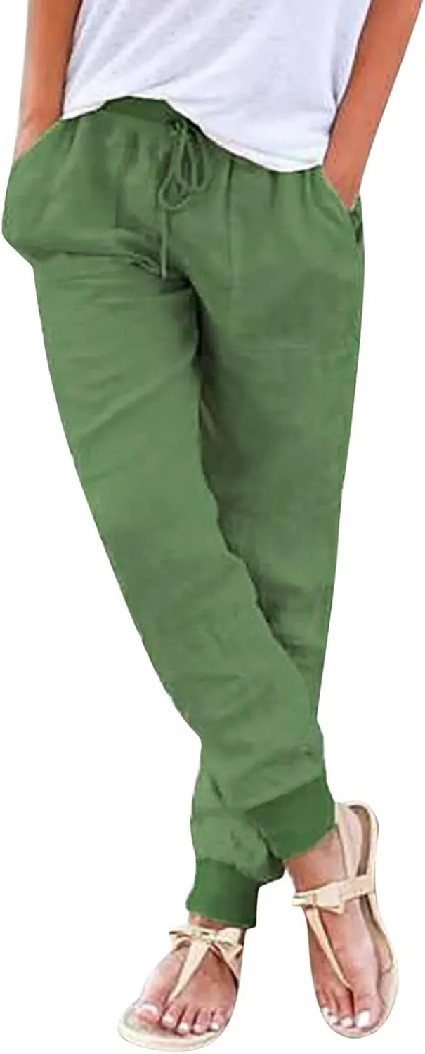 Womens Cotton Linen Pants Summer Drawstring Elastic Waist Pant Casual Linen Tapered Pants with Pockets