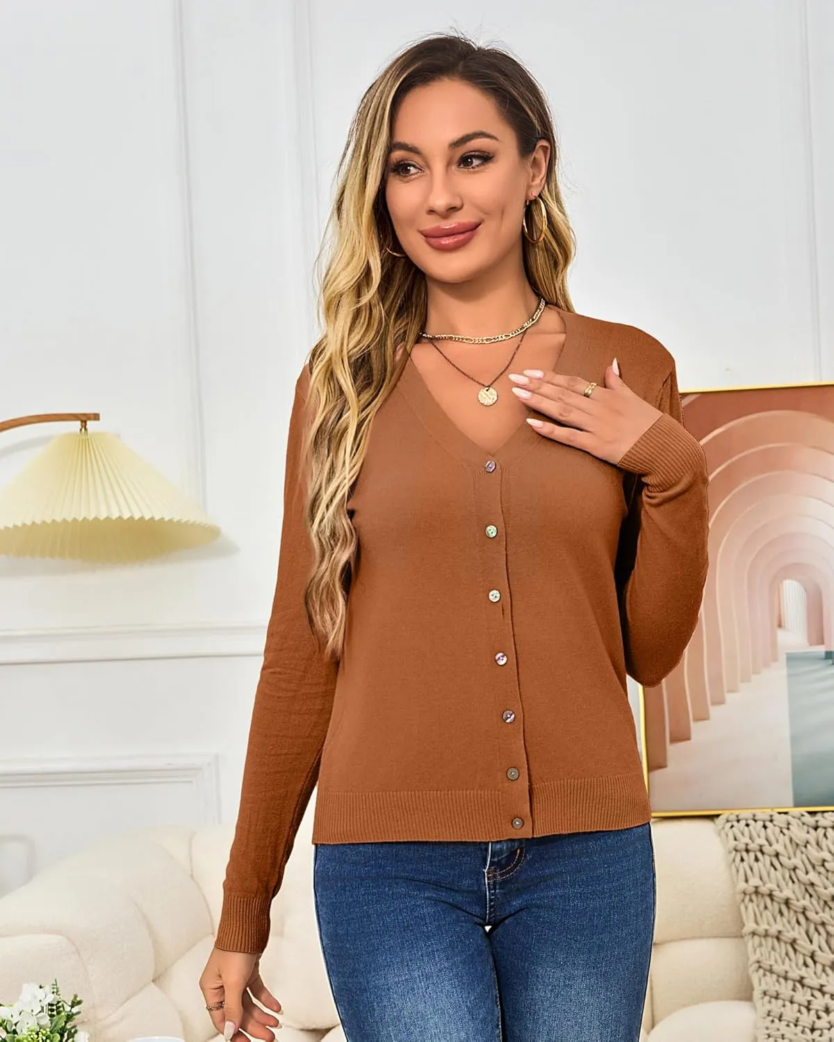 Women's Cropped Cardigan Sweaters Long Sleeve Crochet Knit Bolero Shrug Open Front V-Neck Button Down Sweater Tops