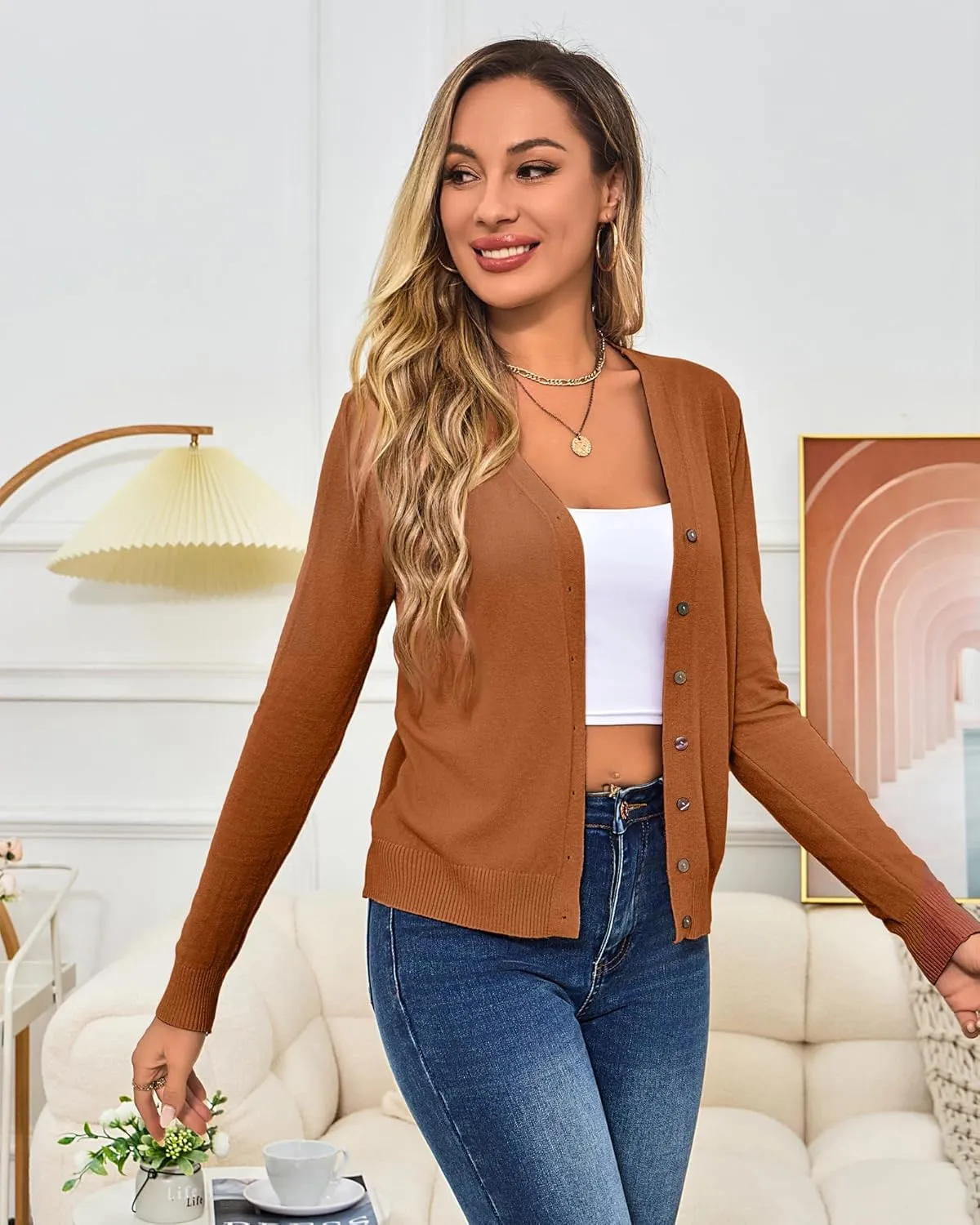 Women's Cropped Cardigan Sweaters Long Sleeve Crochet Knit Bolero Shrug Open Front V-Neck Button Down Sweater Tops