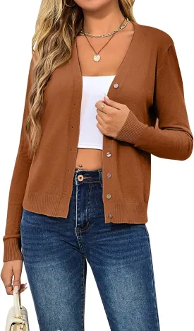 Women's Cropped Cardigan Sweaters Long Sleeve Crochet Knit Bolero Shrug Open Front V-Neck Button Down Sweater Tops
