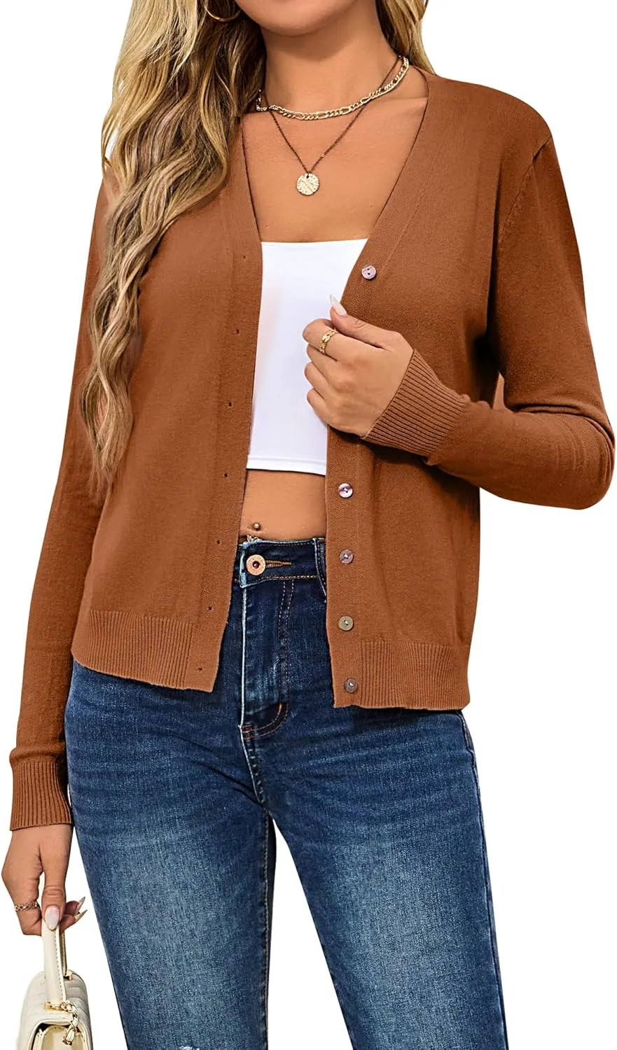 Women's Cropped Cardigan Sweaters Long Sleeve Crochet Knit Bolero Shrug Open Front V-Neck Button Down Sweater Tops