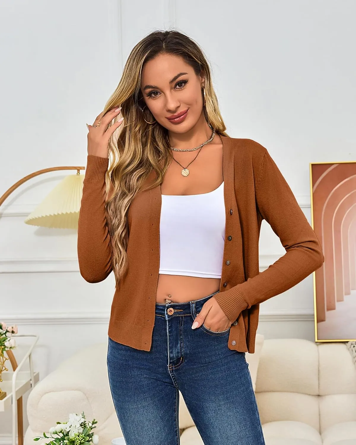 Women's Cropped Cardigan Sweaters Long Sleeve Crochet Knit Bolero Shrug Open Front V-Neck Button Down Sweater Tops