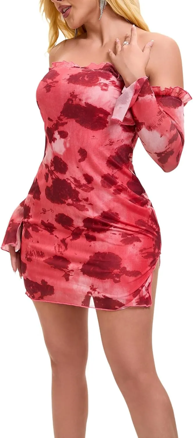 Womens Off The Shoulder Long Sleeve Mesh Sexy Going Out Clubwear Bodycon Mini Dress