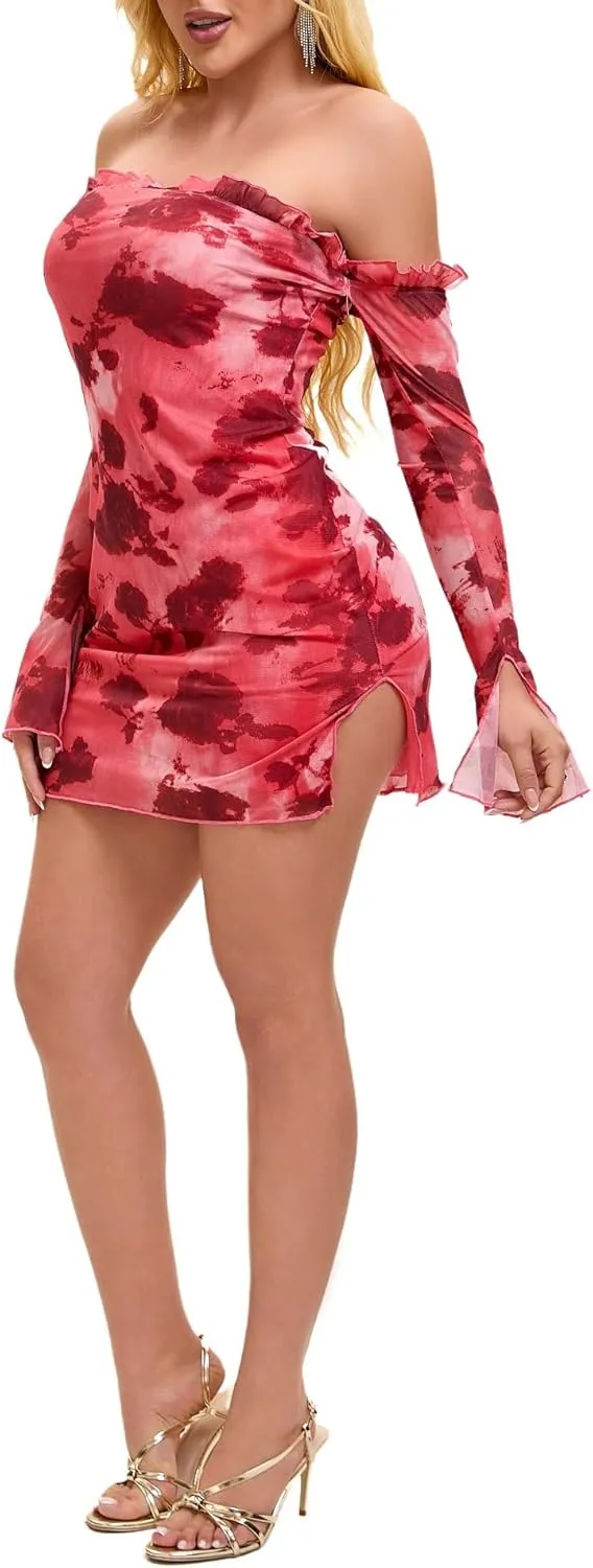 Womens Off The Shoulder Long Sleeve Mesh Sexy Going Out Clubwear Bodycon Mini Dress
