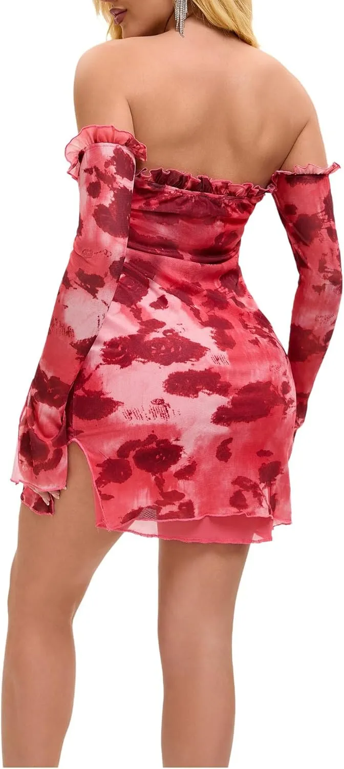 Womens Off The Shoulder Long Sleeve Mesh Sexy Going Out Clubwear Bodycon Mini Dress