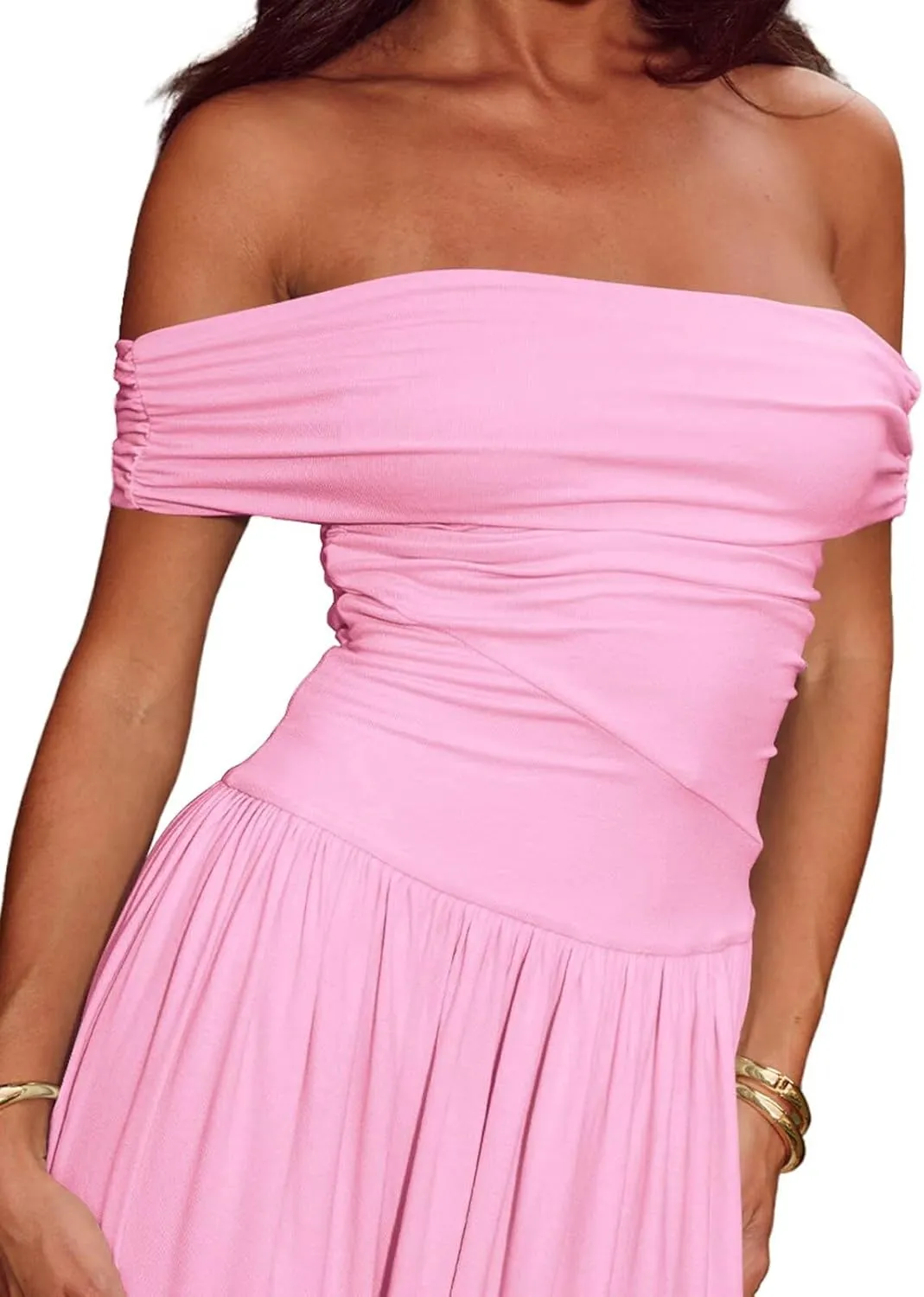 Women's Off The Shoulder Maxi Dress Bodycon Ruched Flowy Long Dresses Pleated Formal Dress