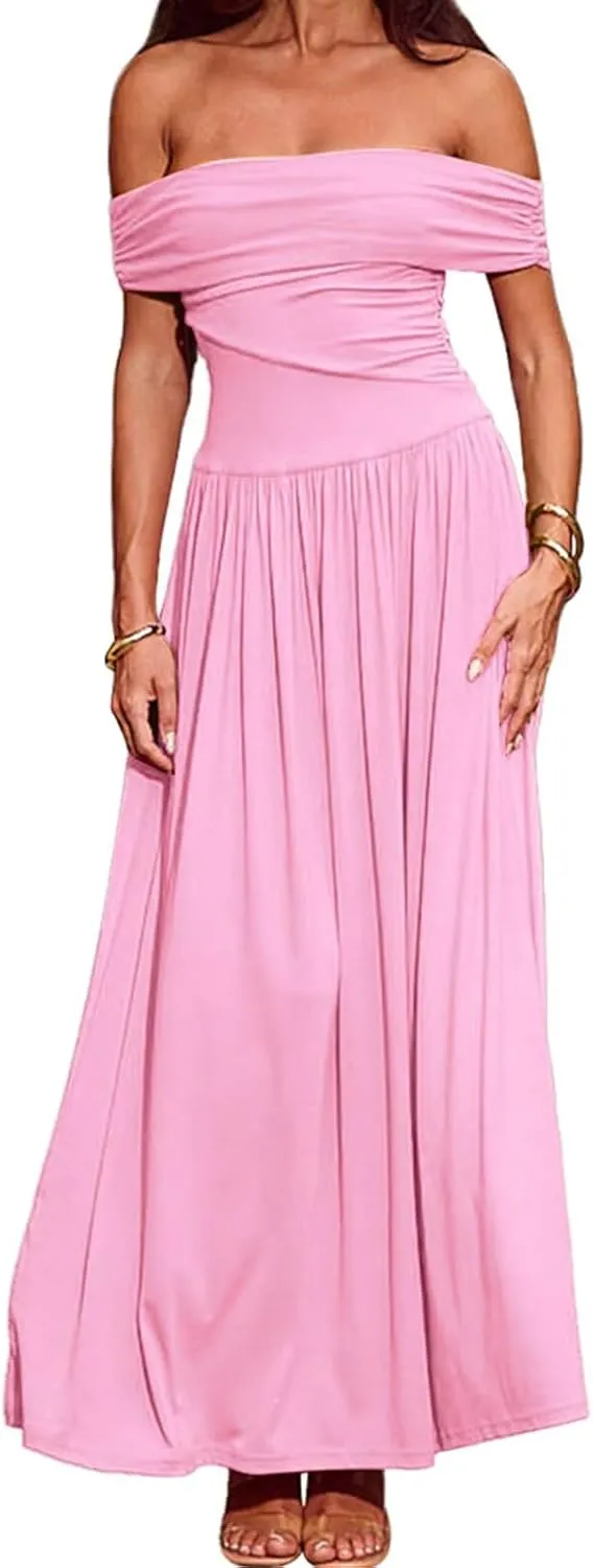 Women's Off The Shoulder Maxi Dress Bodycon Ruched Flowy Long Dresses Pleated Formal Dress