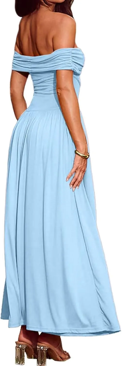 Women's Off The Shoulder Maxi Dress Bodycon Ruched Flowy Long Dresses Pleated Formal Dress