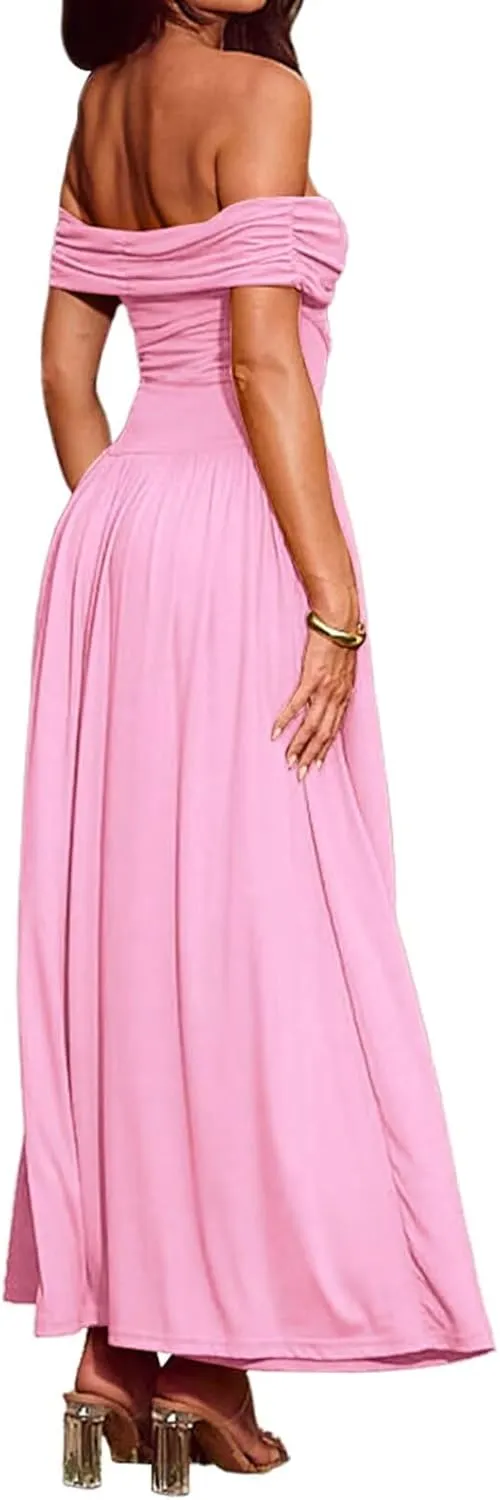 Women's Off The Shoulder Maxi Dress Bodycon Ruched Flowy Long Dresses Pleated Formal Dress