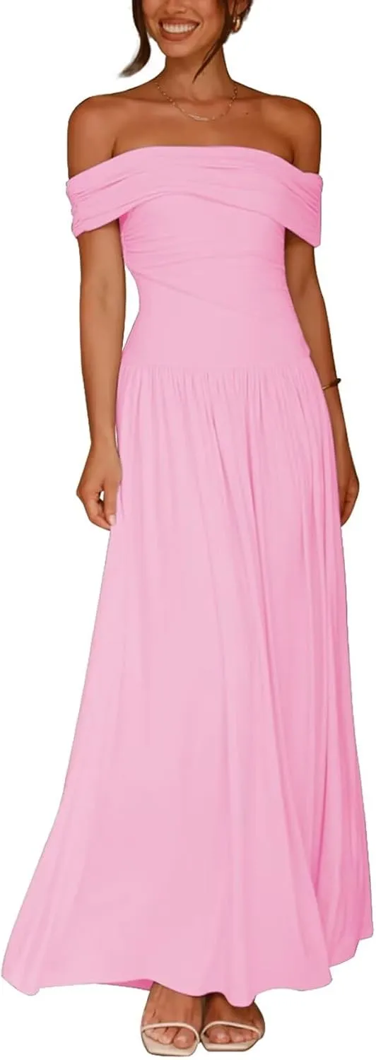Women's Off The Shoulder Maxi Dress Bodycon Ruched Flowy Long Dresses Pleated Formal Dress