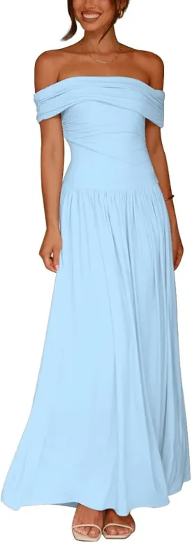 Women's Off The Shoulder Maxi Dress Bodycon Ruched Flowy Long Dresses Pleated Formal Dress