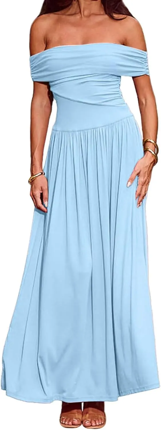 Women's Off The Shoulder Maxi Dress Bodycon Ruched Flowy Long Dresses Pleated Formal Dress