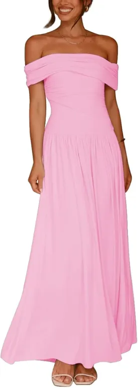 Women's Off The Shoulder Maxi Dress Bodycon Ruched Flowy Long Dresses Pleated Formal Dress