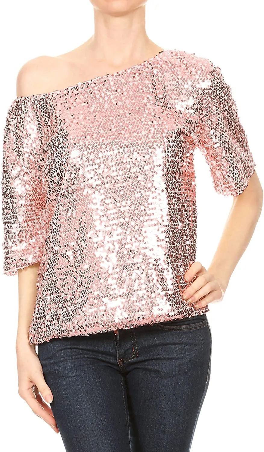 Women's Short Sleeve One Shoulder Sexy Sequin Top Blouse