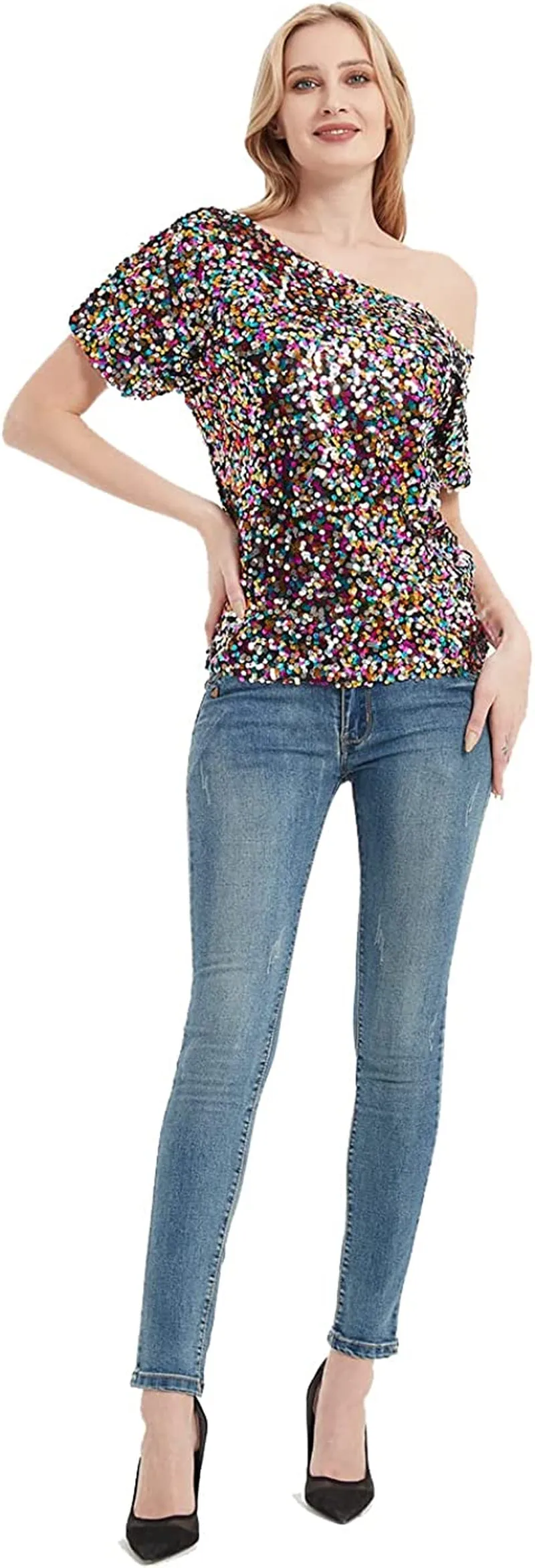 Women's Short Sleeve One Shoulder Sexy Sequin Top Blouse