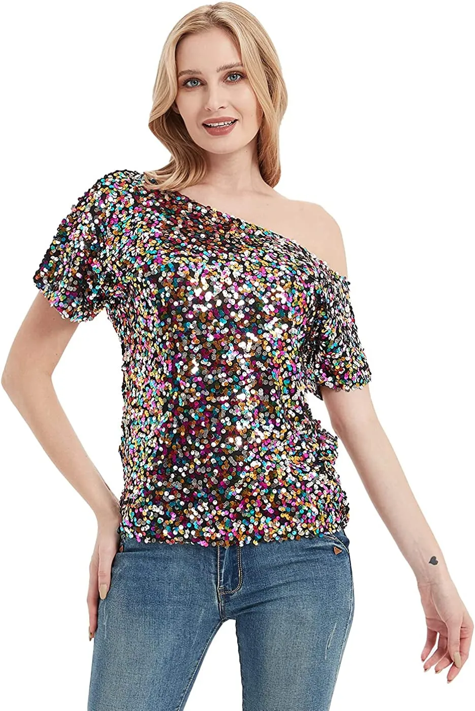 Women's Short Sleeve One Shoulder Sexy Sequin Top Blouse