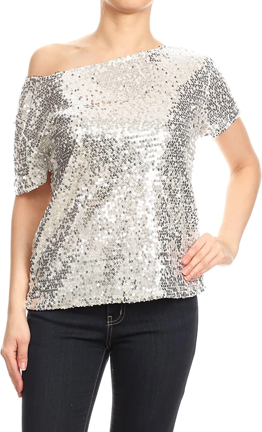 Women's Short Sleeve One Shoulder Sexy Sequin Top Blouse