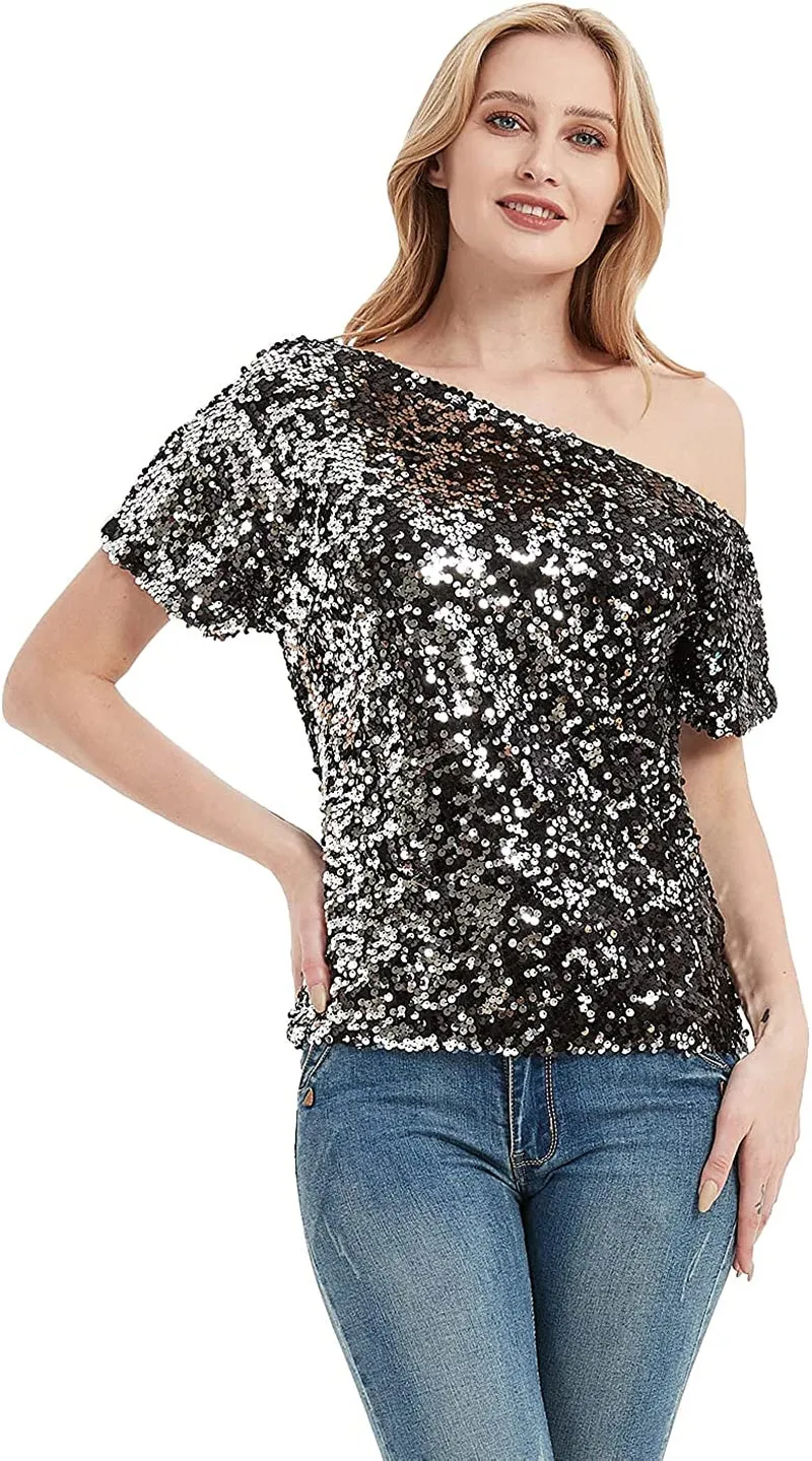 Women's Short Sleeve One Shoulder Sexy Sequin Top Blouse
