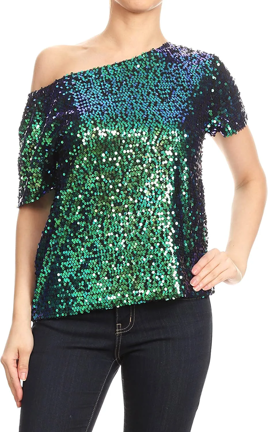 Women's Short Sleeve One Shoulder Sexy Sequin Top Blouse