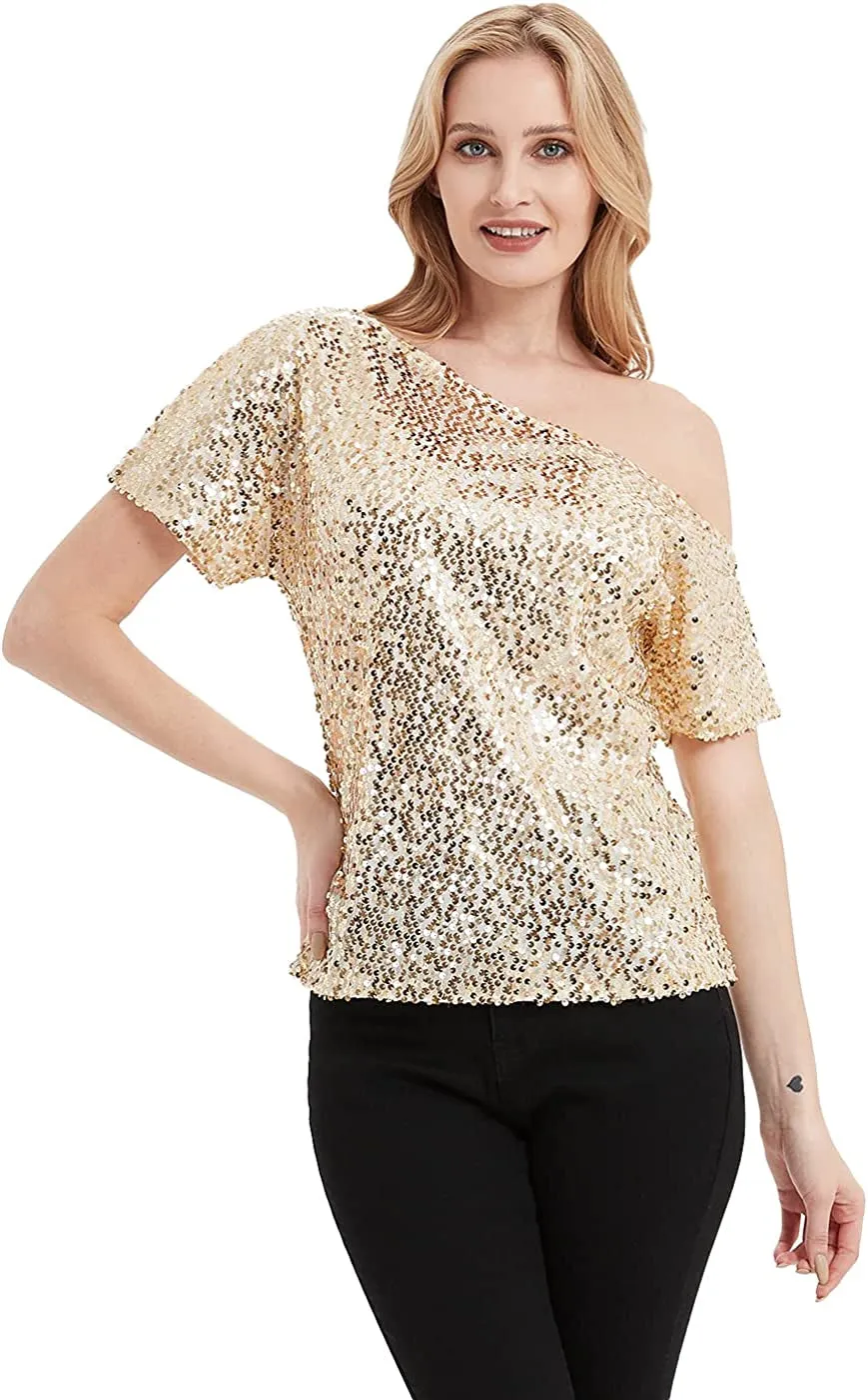 Women's Short Sleeve One Shoulder Sexy Sequin Top Blouse