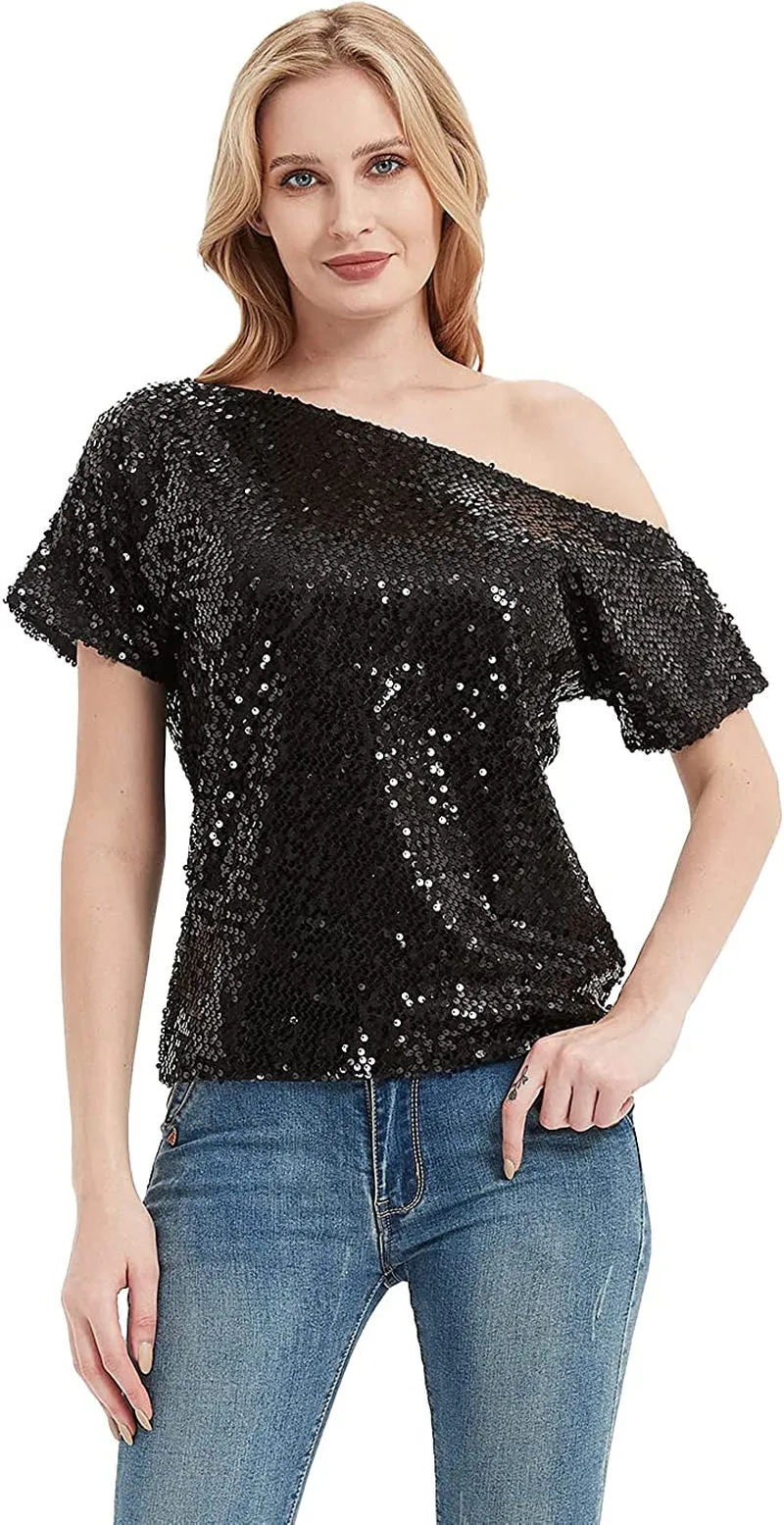 Women's Short Sleeve One Shoulder Sexy Sequin Top Blouse