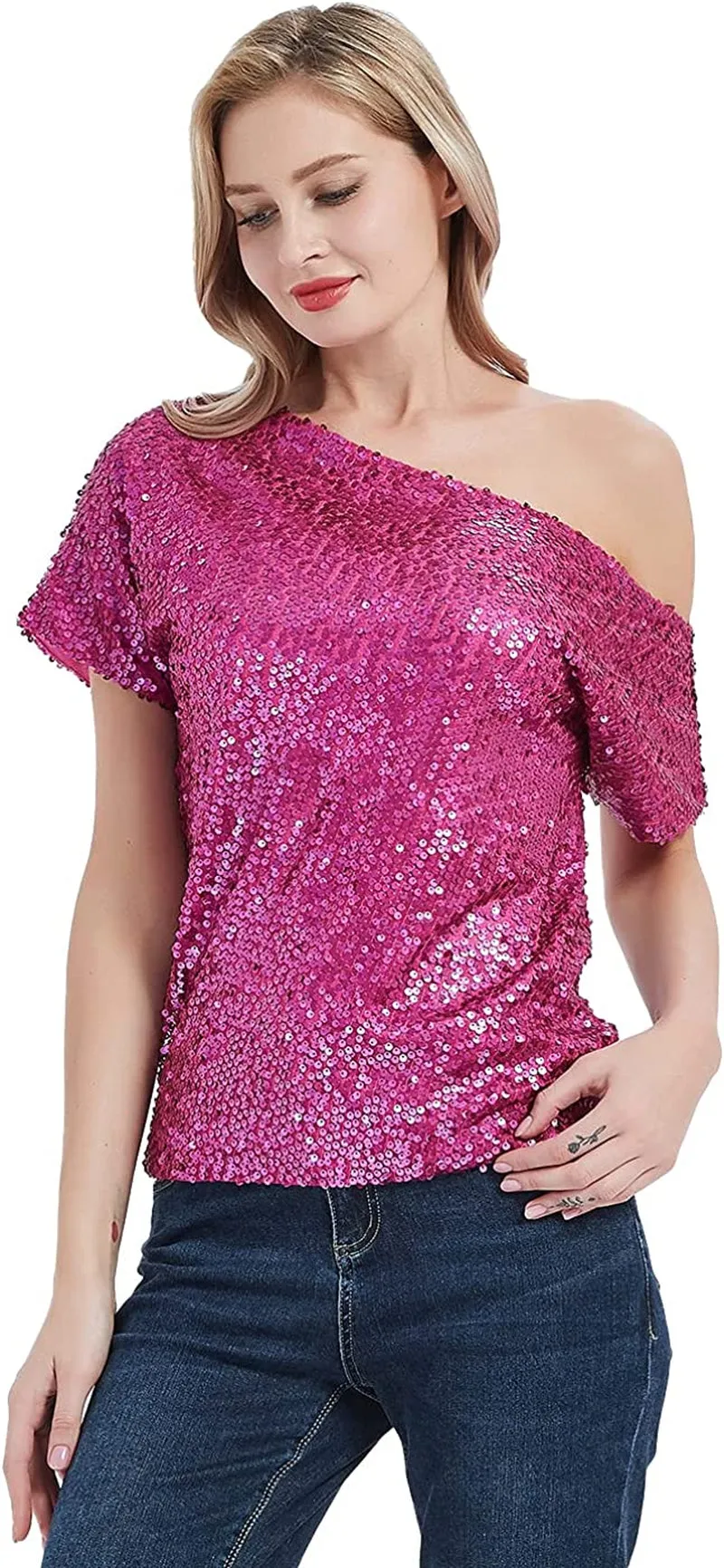 Women's Short Sleeve One Shoulder Sexy Sequin Top Blouse