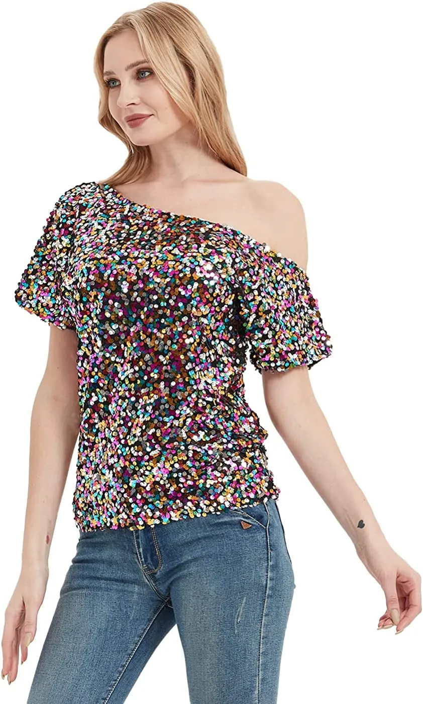 Women's Short Sleeve One Shoulder Sexy Sequin Top Blouse