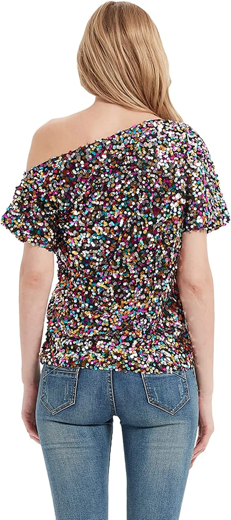 Women's Short Sleeve One Shoulder Sexy Sequin Top Blouse