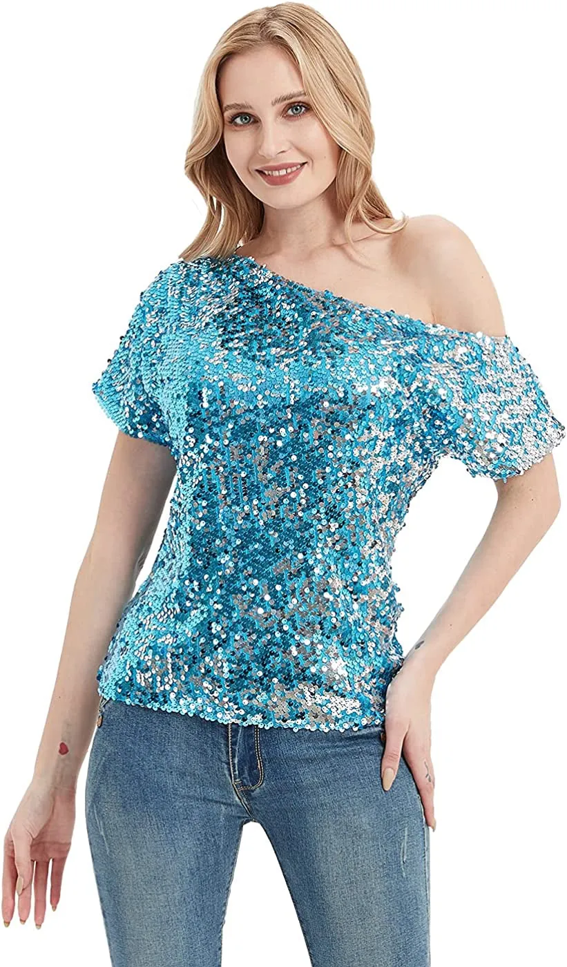 Women's Short Sleeve One Shoulder Sexy Sequin Top Blouse