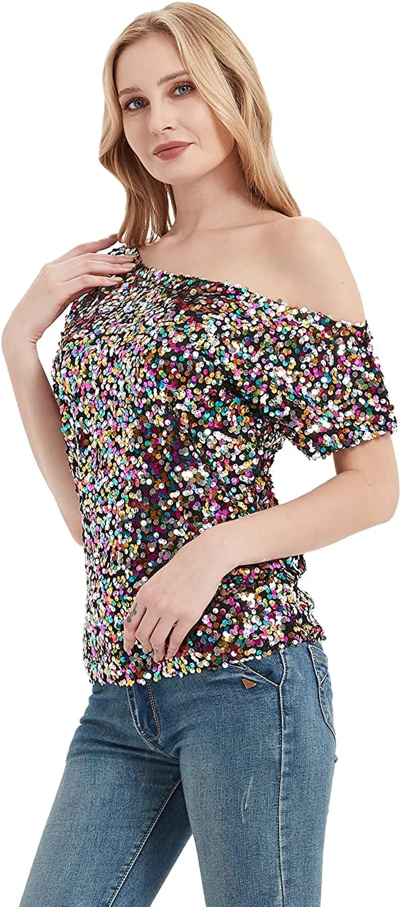 Women's Short Sleeve One Shoulder Sexy Sequin Top Blouse