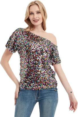 Women's Short Sleeve One Shoulder Sexy Sequin Top Blouse