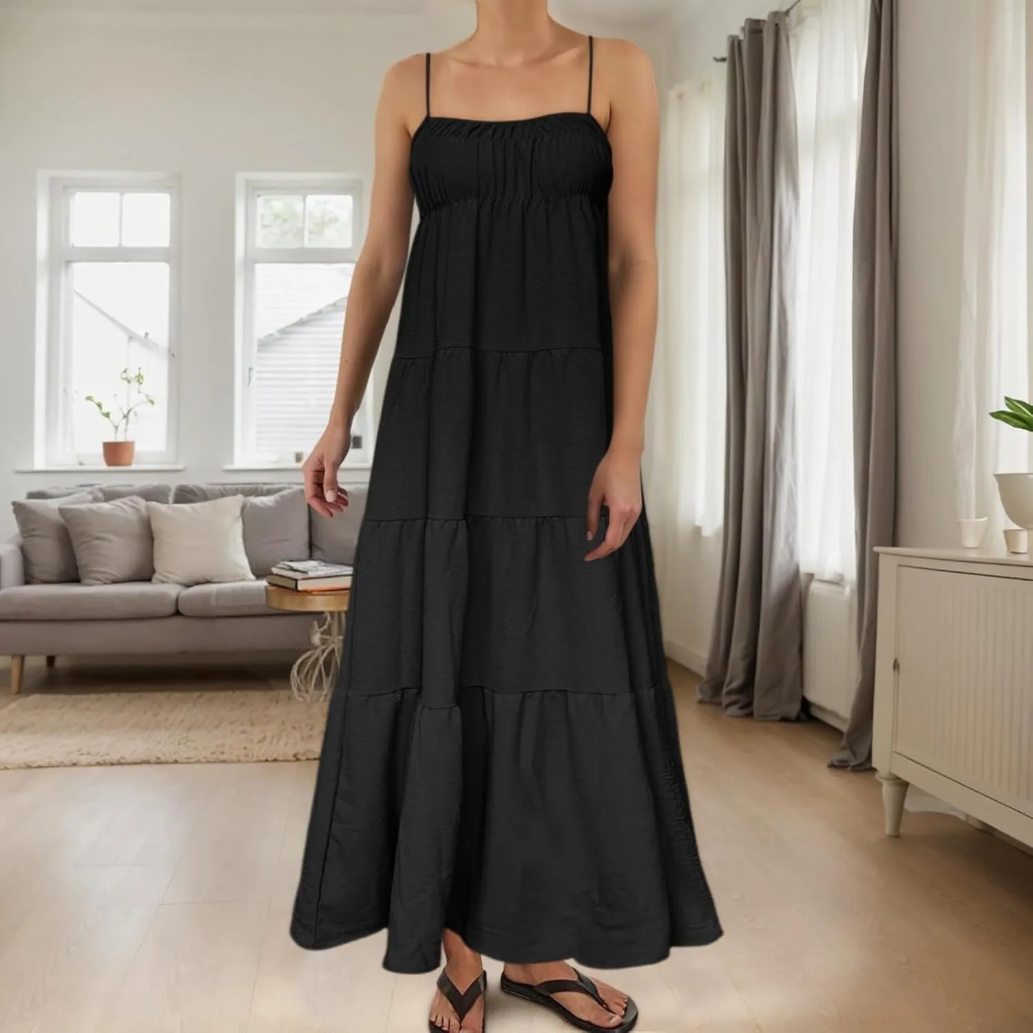 Women's Spaghetti Straps Maxi Dress Color Block Contrast Trim Dresses Summer Outfits Cotton Linen Sleeveless Long Dresses