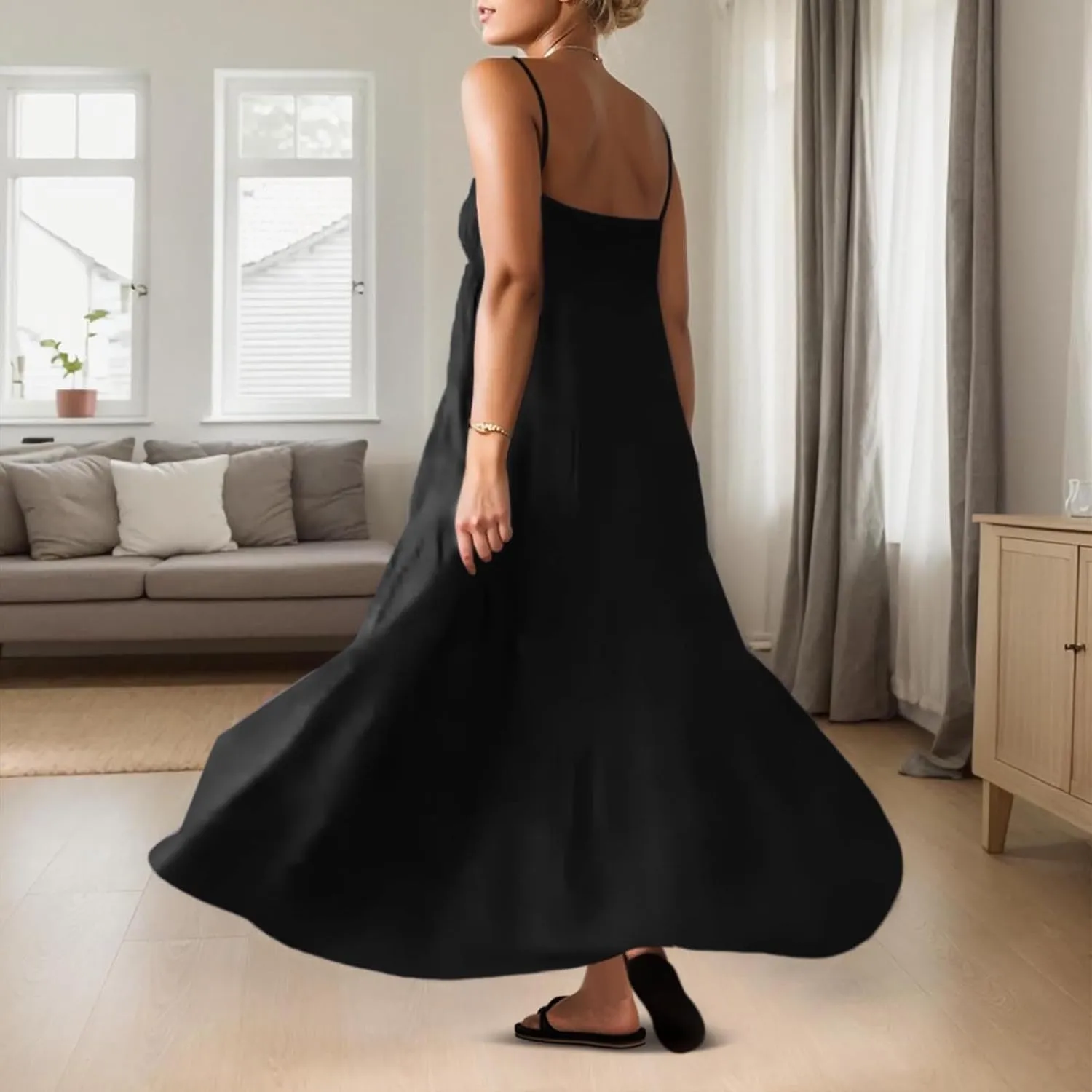 Women's Spaghetti Straps Maxi Dress Color Block Contrast Trim Dresses Summer Outfits Cotton Linen Sleeveless Long Dresses