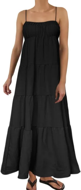 Women's Spaghetti Straps Maxi Dress Color Block Contrast Trim Dresses Summer Outfits Cotton Linen Sleeveless Long Dresses