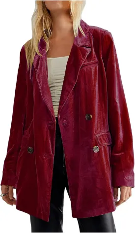 ZWRXW Women's Velvet Blazer Jacket Double Breasted Notch Lapel Shackets Coat Business Work Casual Suit Jackets Outwear Tops
