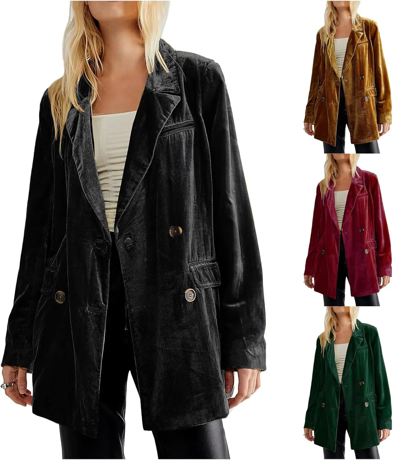 ZWRXW Women's Velvet Blazer Jacket Double Breasted Notch Lapel Shackets Coat Business Work Casual Suit Jackets Outwear Tops