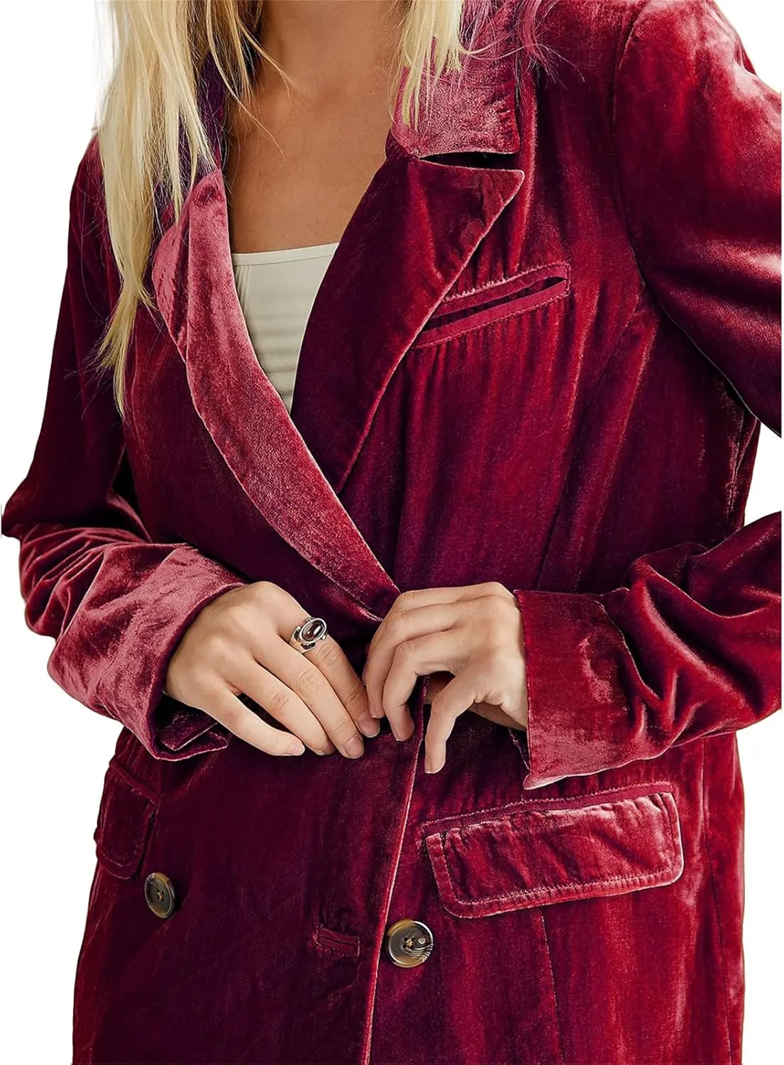ZWRXW Women's Velvet Blazer Jacket Double Breasted Notch Lapel Shackets Coat Business Work Casual Suit Jackets Outwear Tops